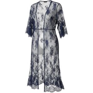 Avidlove Lace Robe Women XXL Navy Blue Sheer Floral Eyelash Trim Kimono Lingerie